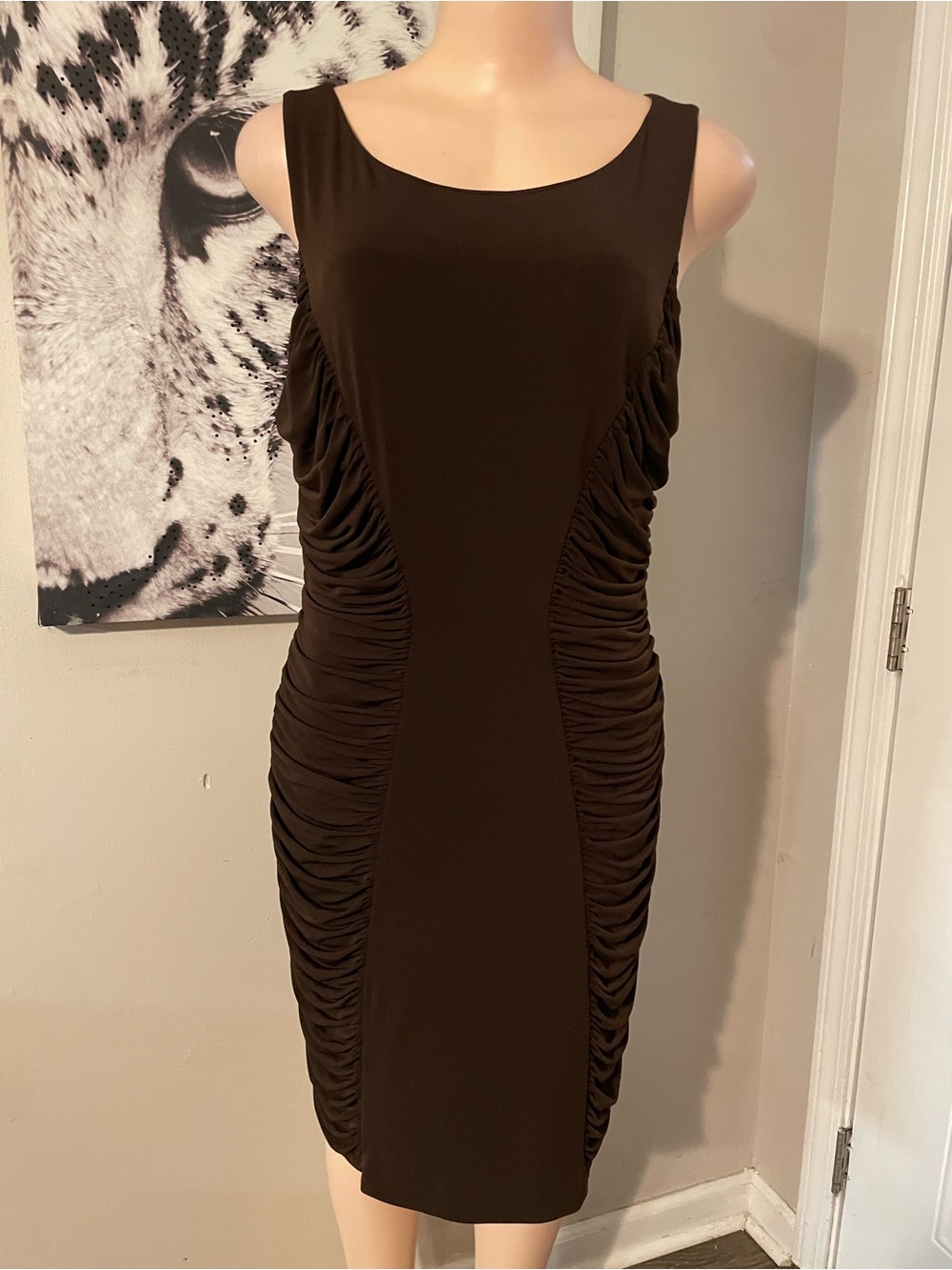 Calvin Klein Sleeveless Ruched Side Bodycon Dress Fall Brown swoop boat neck 12